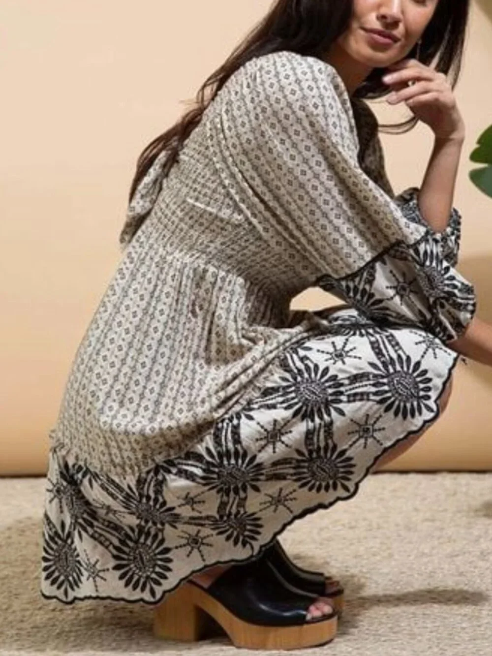 Tribal Femme French Oak Embroidered Mini Dress 2-Way Wear Boho Smocked Dress L - Picture 3 of 15